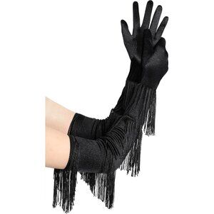 Women's Vintage Satin Fringe Long Black Gloves Elbow Length Party Accessories